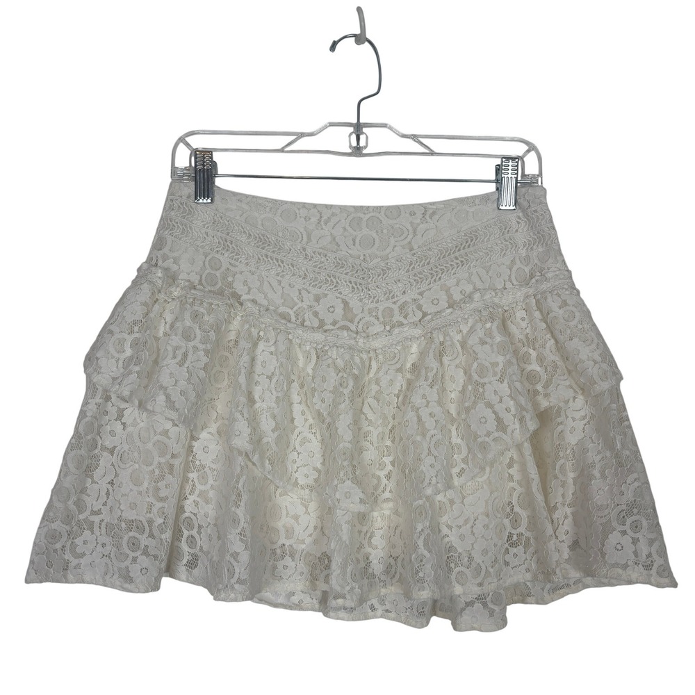 White Lace Mini Skirt Tiered Ruffle Coquette Soft Girl Cottage Feminine Fairy M